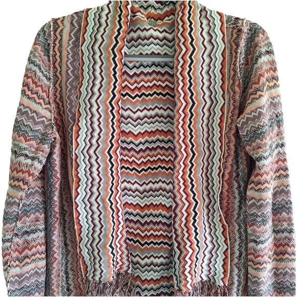 Colorful Warm Zigzag Open Inside Out Bohemian Sweater Fringe Detail M - Picture 2 of 8